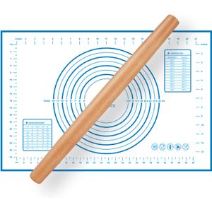 Wood French Rolling Pin for Baking, QUELLANCE Wooden Dough Roller with Silicone Baking Mat, Beech Wood Rolling Pins for Baking Dough, Pizza, Pie, Pastries, Pasta and Cookies,Blue Pastry Mat
