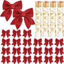 23pcs 5.5'' Mini Christmas Bow Decorations and 4 Rolls Sheer Glitter Ribbon, Sequin Wreaths Bows and Organza for Christmas Tree Ornaments Gift Wrapping (Red Bow and Golden Ribbon)