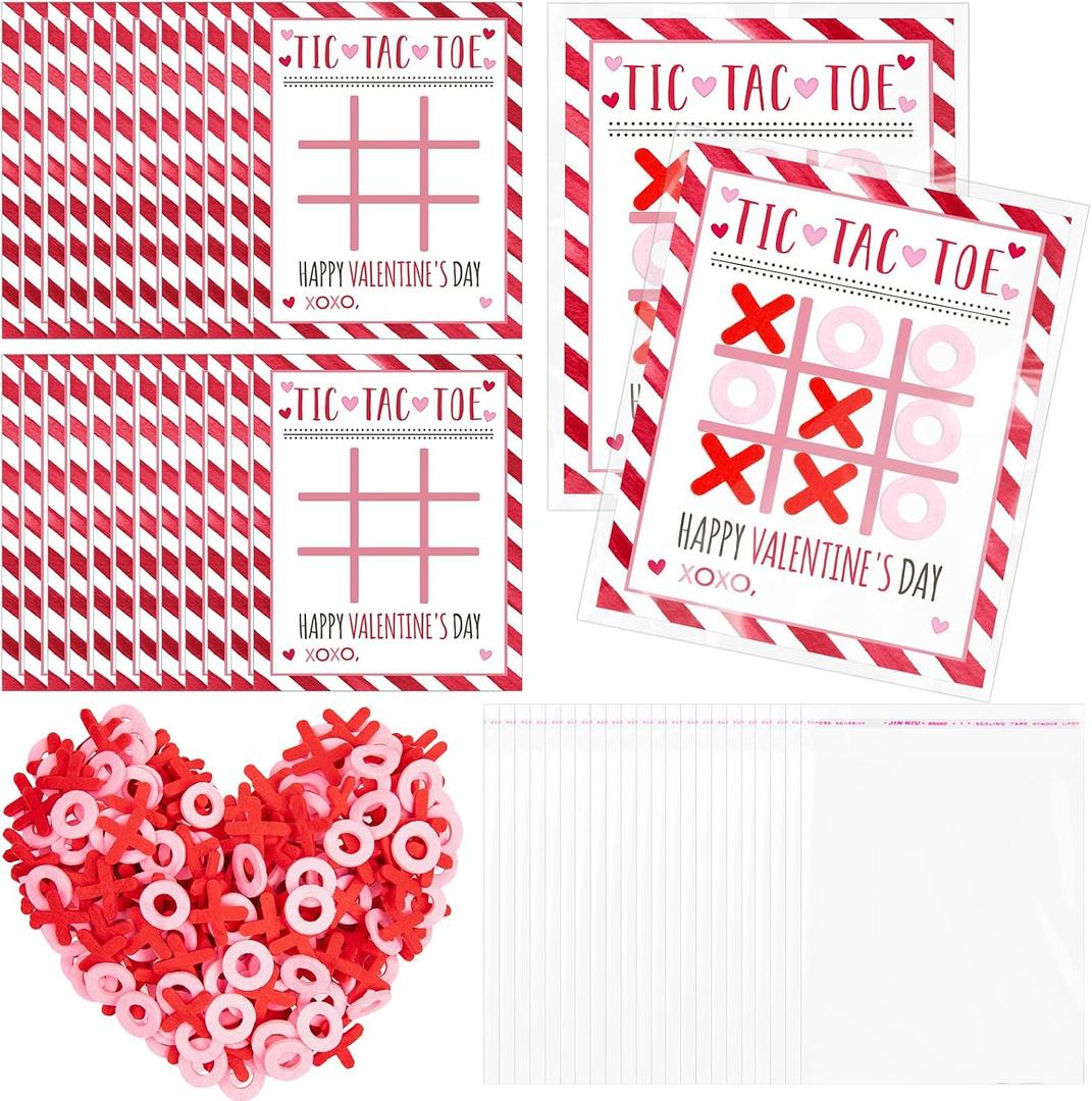 Denylo pro 24 Sets Valentine's Day Tic Tac Toe Games Cards Bingo Game with Felt Heart Bags for Classroom Games Activities Valentine Day Party Supplies