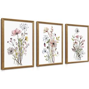WRFON Framed Botanical Canvas Wall Art Set of 3, Watercolor Floral Prints, Framed Flower Wall Decor for Bedroom Bathroom Living Room, 16x24 Inch Each