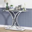 O&K FURNITURE Silver Glass Console Tables for Entryway,Glass Entryway Table with Curved Frames and Marble Base, Modern Entrance Table Sofa Table for Living Room,Hallway,Silver Glass&White Marble