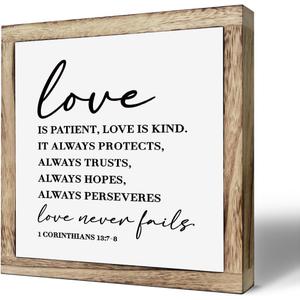 Christian Wood Decor, Master Bedroom Decor, Marriage Gift, Wedding Gift for Couple Wooden Plaques Box Signs 9.8* 9.8, Family Room Decoration, Bible Verse 1 Corinthians 13:7-8 Signs, Love is Patient Signs