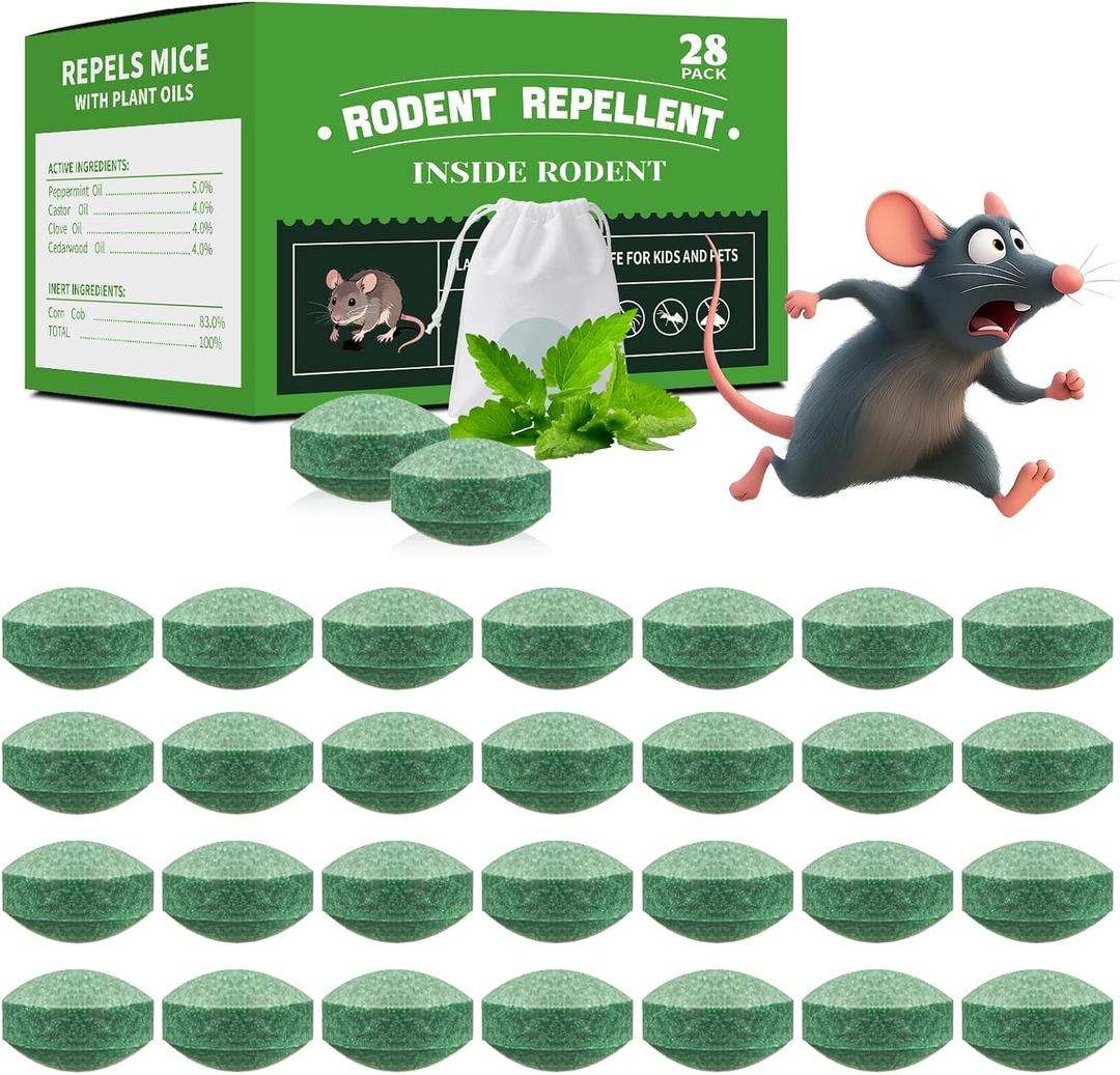 28-Pack Mouse Repellent, Long-Lasting Rodent Protection for Indoor and Outdoor Spaces, Safe for Kitchens, Gardens, RVs, and Family Areas (Dark Green)