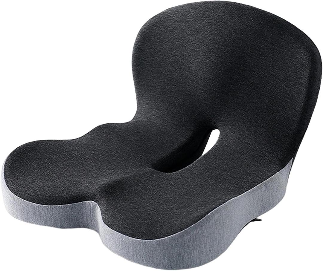 Seat Cushion Anti-Slip Bottom Design Pressure-Reducing Hip Waist Support Memory Foam L-Shaped Integrated Office Chair Seat Cushion (Black Gray)