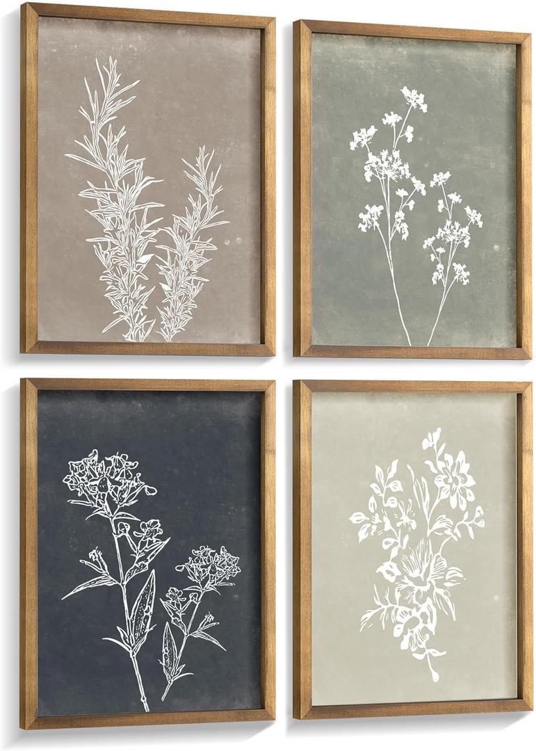 Liswit Framed Boho Wall Art Set of 4 for Wooded Minimalist Botanical Print Wall Art for Rustic Vintage Farmhouse Home Kitchen Wall Decor (Brown, 8"x10")