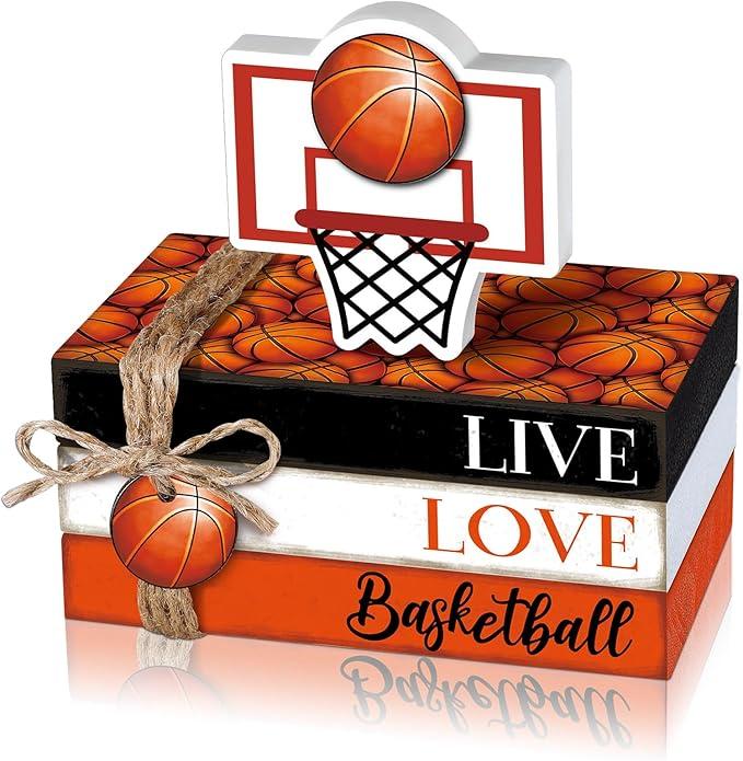 5 Pcs Basketball Decoration Farmhouse Wooden Mini Book Stack Sport Ball Party Table Centerpieces Senior Night Basketball Decor for Locker Room Home Bedroom Office Desk Tiered Tray Shelf