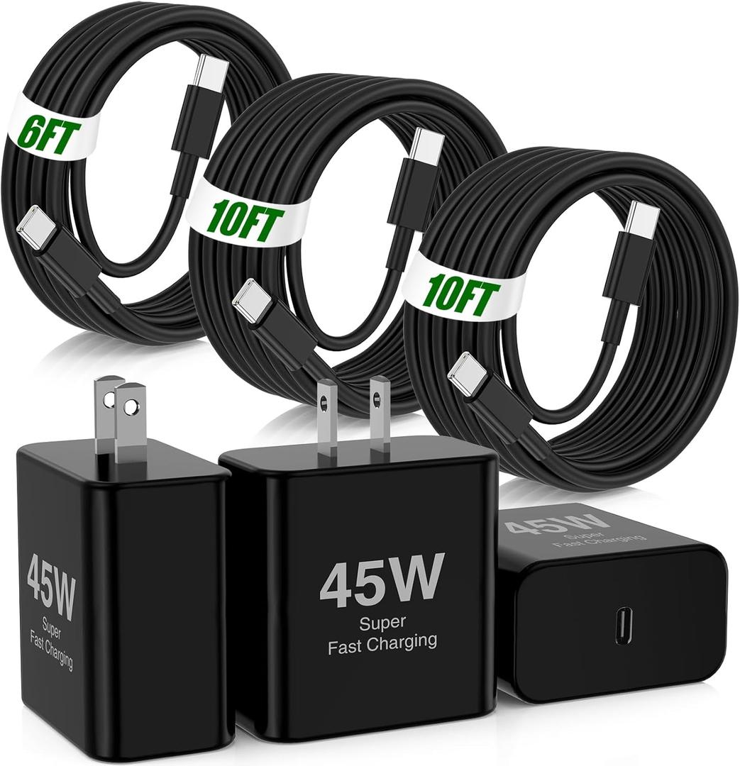 45W Super Fast Charger Type C for Samsung,3Pack USB C Fast Charging Block with 10/10/6FT Type C Charging Cord for Samsung Galaxy S24/S23/S22,Android,Galaxy Tab A9+ Tablet, iPhone 17 16 Pro Max