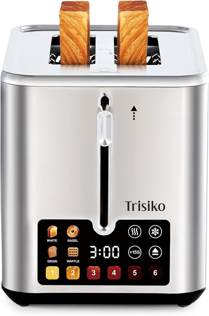 Trisiko® Touch Screen Toaster 2 Slice, Stainless Steel Smart Toaster with Digital Timer, 1.38" Extra-Wide Slots for Bread& Bagel, with Reheat, Defrost, Cancel, +15s Boost, Great for Home, Office, Dorm