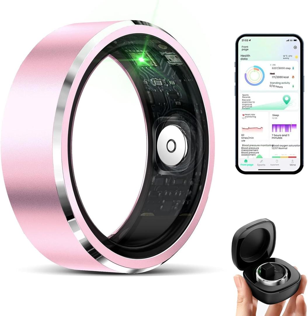 Smart Ring for Women Men, Fitness Tracker with Heart Rate/Blood Oxygen/Blood Pressure/Sleep/Pedometer Monitor, No Subscription Fee, IP68 Waterproof Health Rings for iOS & Android (Pink)
