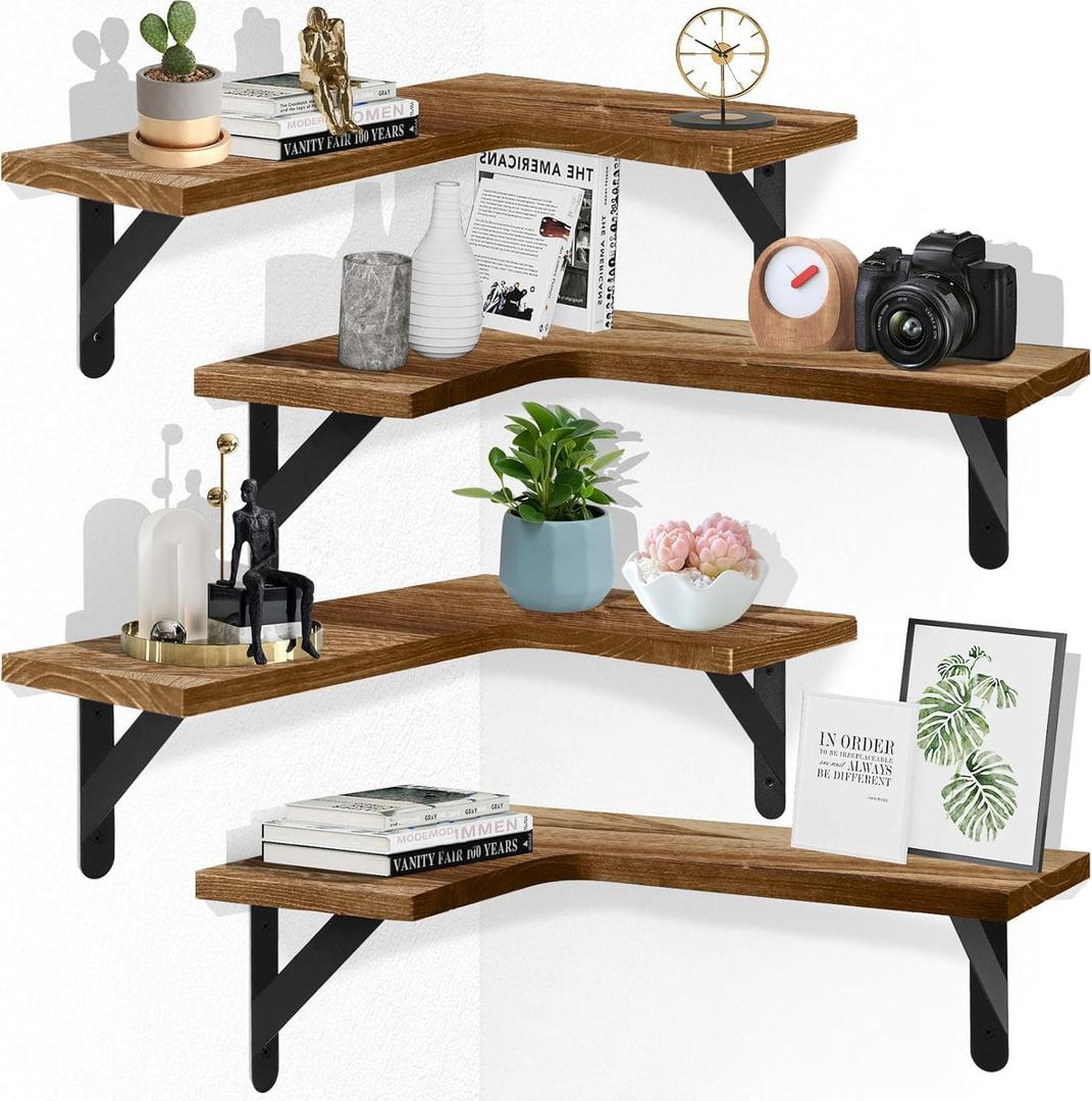 Corner Floating Shelves Set of 4,L-Shaped Wall Mounted Shelf,Rustic Wood Corner Shelvesfor Wall Storage and Decor,Wall Mounted Wood Shelves for Kitchen Living Room Bedroom,Light Brown