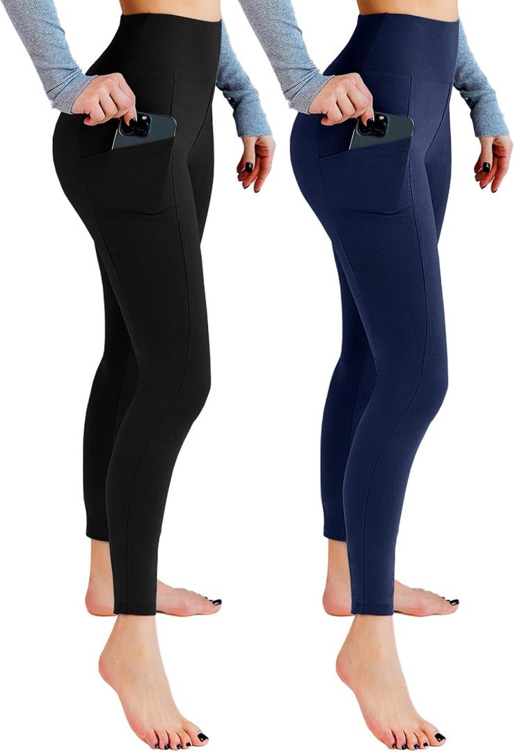 Leafigure 2 Pack Leggings with Pockets for Women, High Waisted Soft Leggings for Yoga Gym (M)