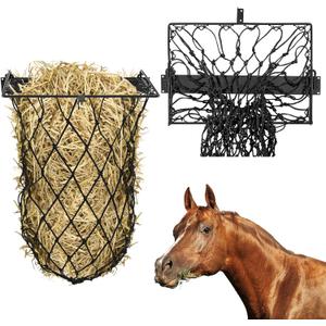 Yaocom 1 Set Black Wall Mount Hay Feeder for Horses Goats Heavy Duty Hay Rack with Net Slow Feeder Wall Mounted for Stall Barn, Easy to Install and Save Hays (Square)