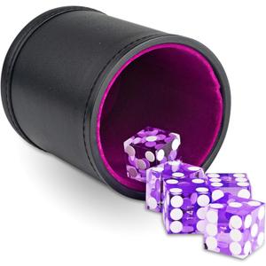 Leather Dice Cup with 5 Casino Dice, Purple