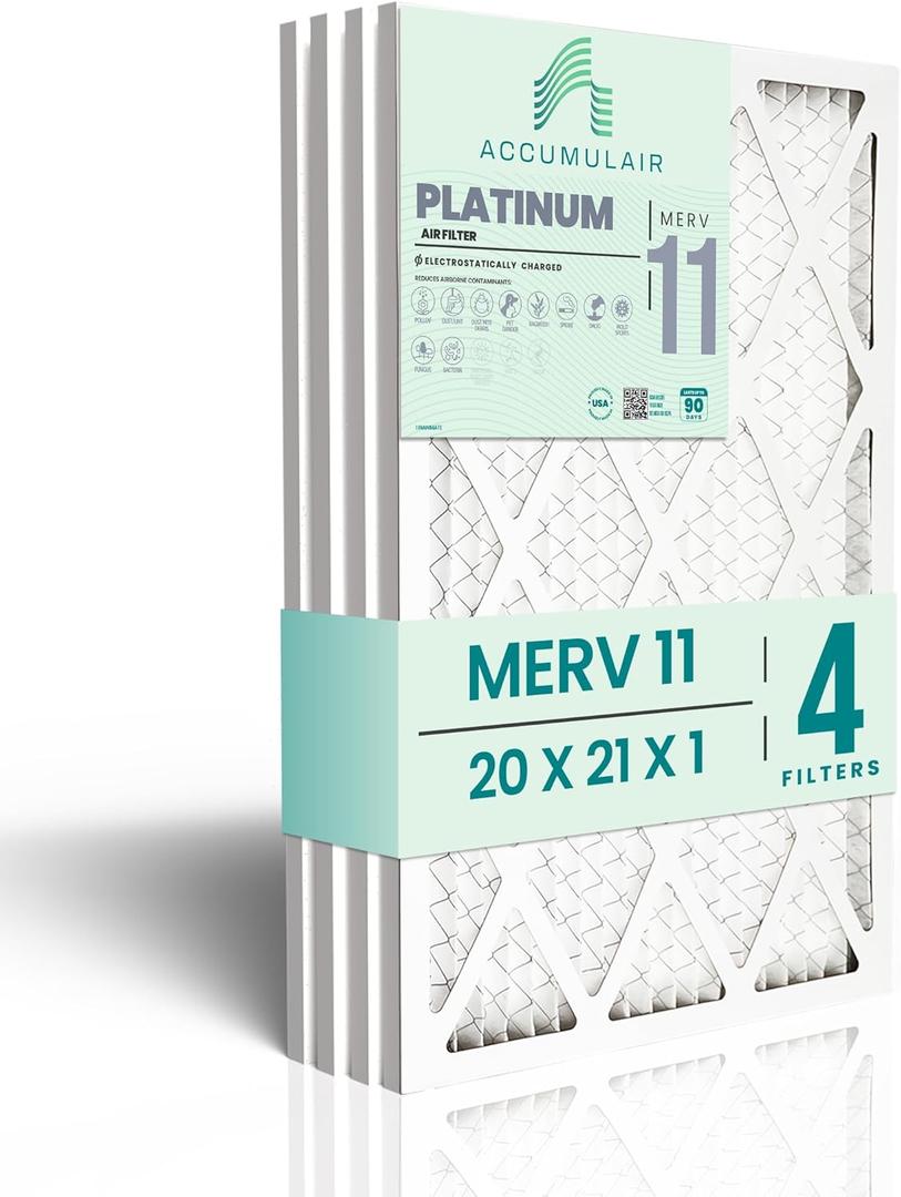 Accumulair Platinum 20x21x1 MERV 11 HVAC Air Filter (4-Pack) | Replacement Air Filter for AC and Furnace | Made in USA | Actual Size 19.75 x 20.75 x 0.75