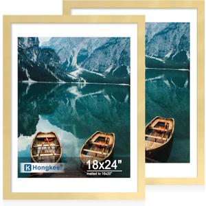 Hongkee 18x24 Frame Set of 2, Gold Wood Style - Display Posters 16 x 20 with Mat or 18x24 without Mat, Wall Mounting Horizontal and Vertical