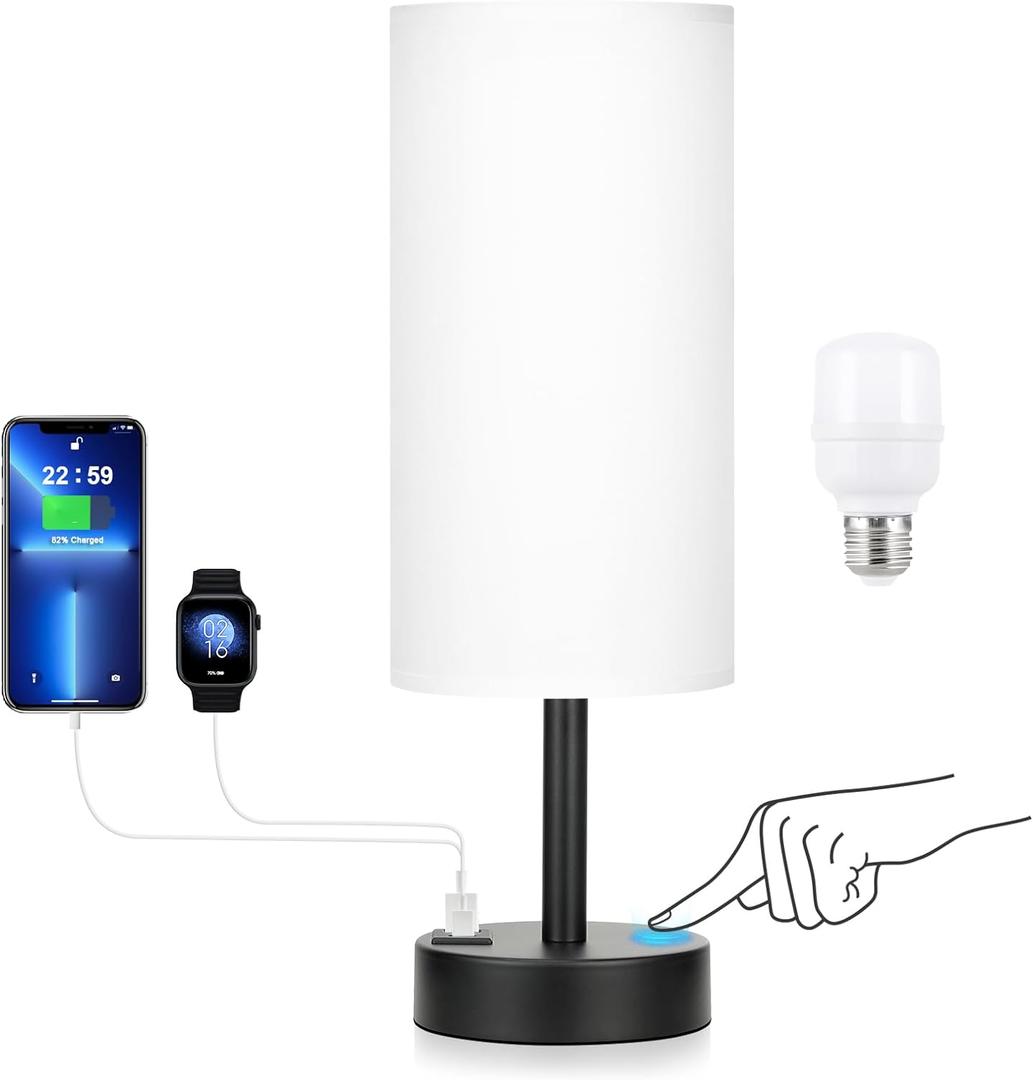 Bedside Touch Table Lamps for Bedroom Nightstand with USB-C USB-A Charging Ports White, 3 Way Dimmable Small Lamp Fabric Shade Black Base for Office, Living Room, Dorm Room Reading (14in)