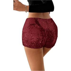 Milumia Women's Sparkly Sequin Shorts Low Waist Straight Leg Shorts Party Rave Concert, X-Small, Burgundy