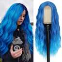 Long Blue Wavy Wig Middle Part for Women 26 Inch Ombre Blue Curly Wavy Wig Natural Looking Synthetic Heat Resistant Fiber Wig for Daily Party Use