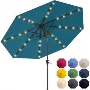10FT Solar Patio Umbrella with Lights, Outdoor Table Market Umbrella with 32 LED Lights, 8 Sturdy Ribs, Push Button Tilt and Crank for Pool, Deck and Garden, UV-Resistant