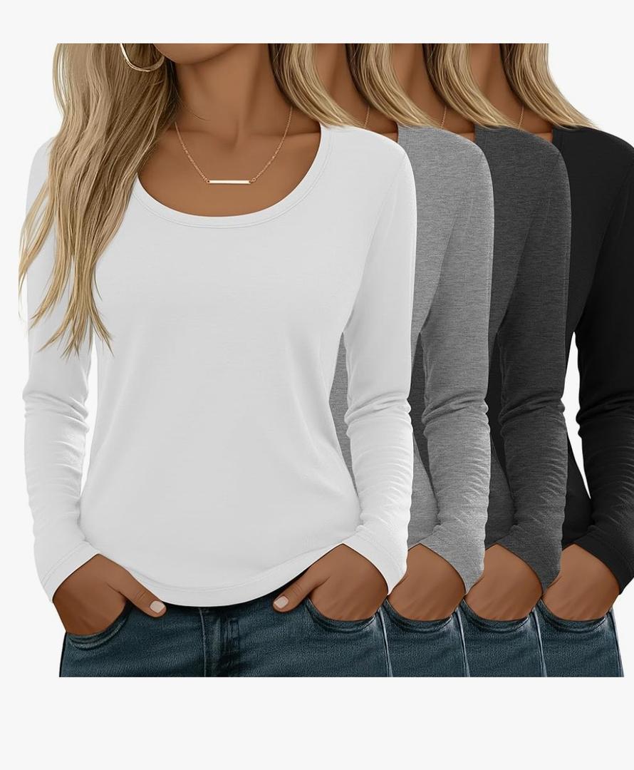 4 Pack Women's Scoop Neck Long Sleeve Tops, Loose Casual T-Shirts Fall Layer Trendy Soft Basic Tee for Ladies, L