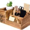 Liry Products Rustic Wooden Desktop Organizer Office Supplies Brown Tabletop Storage Cabinet Stepped Rack Multiple Compartments 2 Tier Drawers Makeup Accessory Jewelry Sorter Display Box Home Office