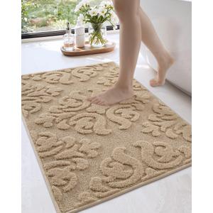 DEXI Bathroom Rug 17x30, Non Slip Washable Bath Mat for Shower Floor, Absorbent Soft Bathmat with Rubber Backing, Plush Fluffy Microfiber Floral Retro Carpet, Beige (1'5" x 2'6" (Rectangular))
