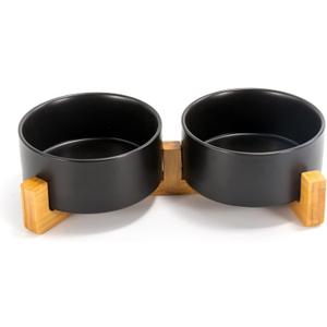 SPUNKYJUNKY Ceramic Dog and Cat Bowl Set with Wooden Stand, Modern Cute Weighted Food Water Set for Small Size Dogs (13.5OZ) & Medium Sized Dogs (28.7OZ) & Cats (3.6 Cups, 2  Black)