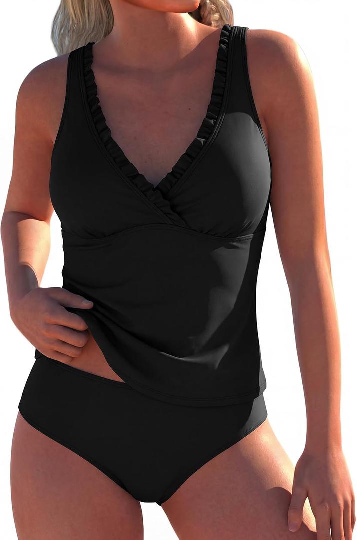 ZAFUL Tankini Swimsuit for Women 2026 Modest Bathing Suits Two Piece Ruffle V Neck Ladies Swimwear (Black, L)