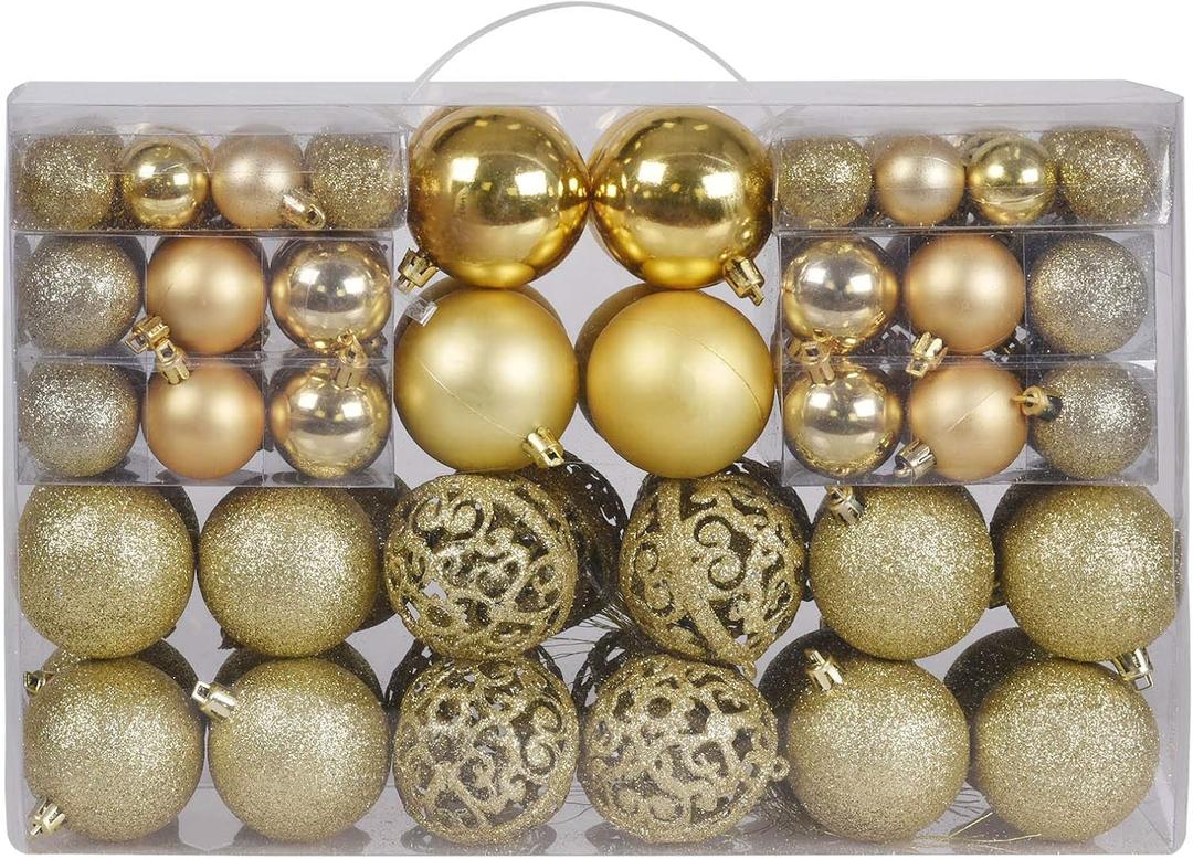 Christmas Balls Tree Ornaments Set, Shatterproof Xmas Decorations Set with Reusable Hand-held Gift Package for Holiday Indoor Tree Decor (100, Gold)