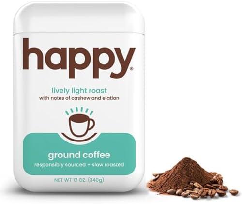 happy coffee light roast ground coffee, 12 oz., notes of cashew & elation, recyclable container, grown & harvested in Colombia, Brazil & Guatemala BB 06/02/26