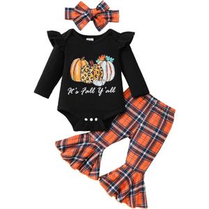 Halloween/Thanksgiving Baby Girl Outfit Pumpkin Romper+Flared Pants Infant Fall Clothes (6-12 Months, Plaid)