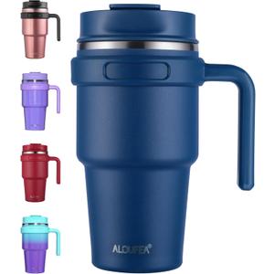 ALOUFEA 20 oz Insulated Coffee Mug Tumbler with Handle, Stainless Steel Travel Mug Tumbler with Lid and Straw,Double Wall Vacuum Leak Proof Ice Coffee Thermal Cup, Navy