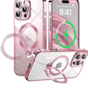 360° Spin CD Stand for iPhone 16 Pro Max Case Compatible with Magsafe Ring [Never Yellow][DIY Glitter Cardstock] Camera Protection Plating Clear Cute Phone Case for Women Girls 6.9'', Pink