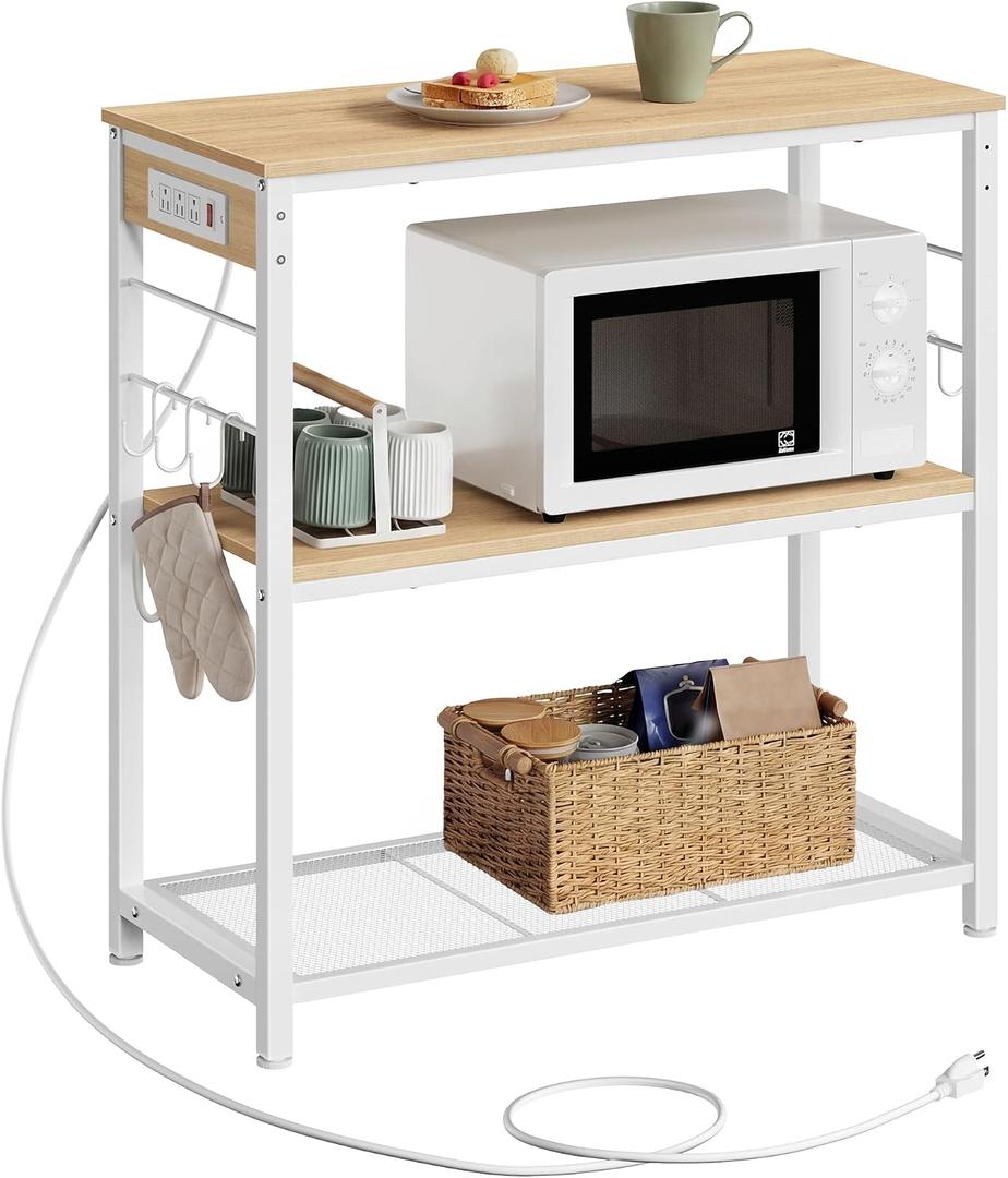 VASAGLE Kitchen Island with Power Strip, 3-Tier, 6 Hooks, Metal Frame, 35.4"H