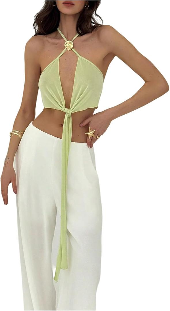 SHENHE Women's Sexy Open Back Tie Front Halter Neck Plunge Top Metal Backless Y2k Tank (S)