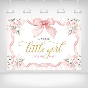 Coquette Pink Bow Baby Shower Backdrop 9x6ft - Elegant Floral A Sweet Little Girl is on The Way Background for Girl Baby Shower Gender Reveal Party Decorations and Nursery Decor