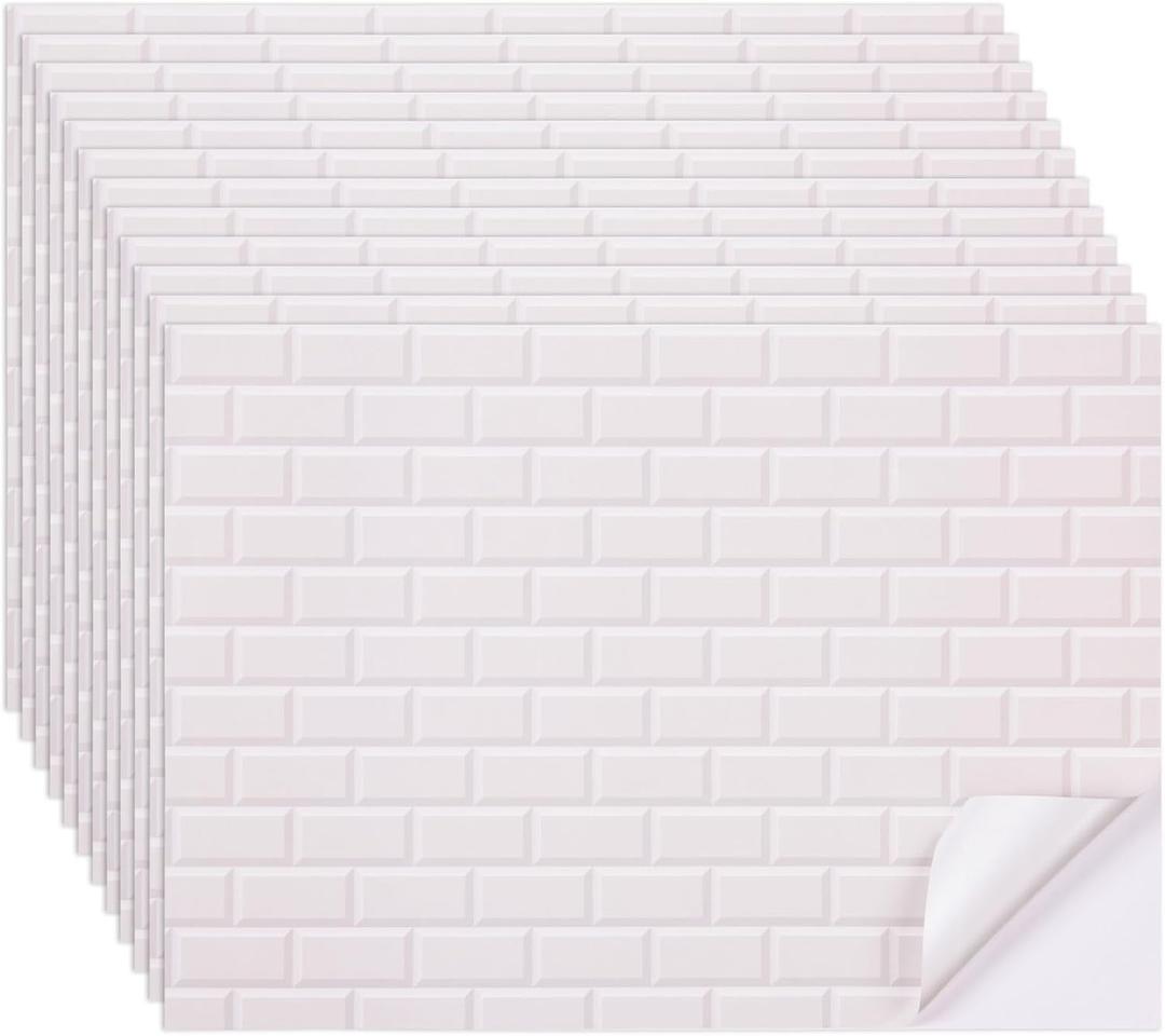 FOBSME 12 Sheets Miniature Dollhouse Wallpaper and Flooring Mini Dollhouse Floorboards Wall Paper Self-Adhesive Flooring Wall Tiles 8.27 x 11.69 Inch Mini DIY Dollhouses Accessories, White Style