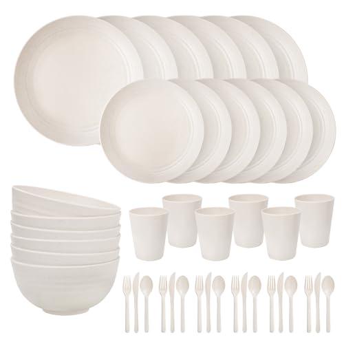 EI 42pcs Wheat Straw Dinnerware Set,Plates and Bowls Sets,Reuasble Plate,Unbreakable Dinner Plate for 6,Microwave Dishwasher Safe,College Dorm Room Essentials Dishes Sets-Bowls,Plates,Cups,Cutlery