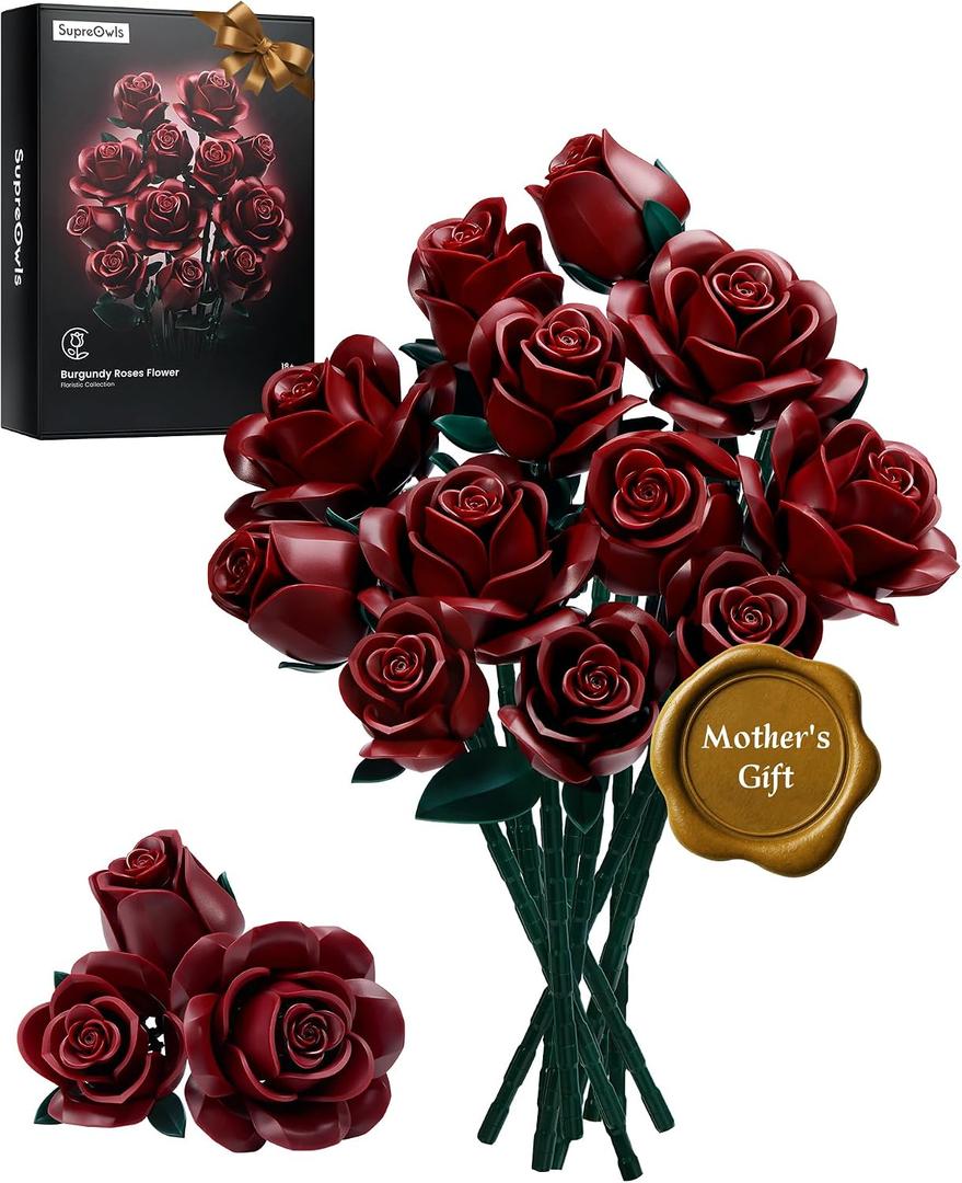 iATOM Burgundy Red Rose Bouquet Building Set, 12Pcs Flower Botanical Collection Kit for Adult, for Her/Girlfriend/Mom/Wife/Couple, Vintage Home Office Table Centerpiece Decor