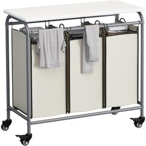 LINZINAR 3 Bag Laundry Basket Sorter Heavy Duty Rolling Lockable Wheels Laundry Hamper Cart with Ironing Board and Removable Bags, Beige