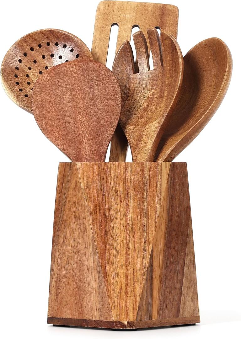 Wooden Utensil Holder for Kitchen: Wood Utensil Crocks for Farmhouse Decor - Kitchen Tool Storage for Countertop (Hexagon)