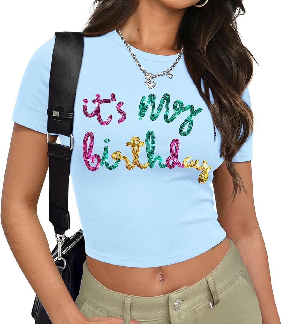 Birthday Shirts for Women Glitter Its My Birthday Shirt Sequin Birthday Party Crop Tops Cute Y2k Baby Tee (Blue, XXL)