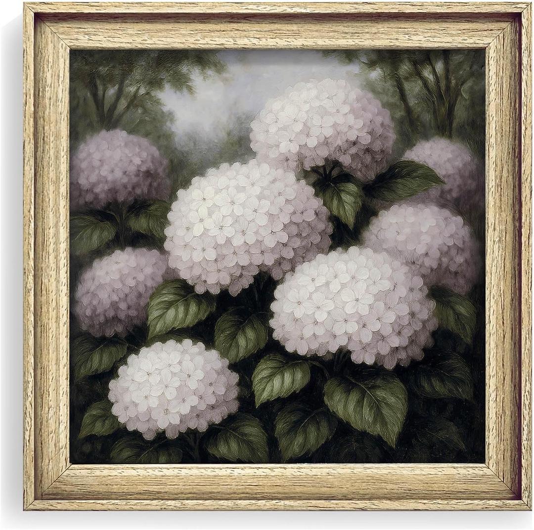 EAFPG Textured Gel Finish Framed Vintage Wall Art for Bathroom, Blush Hydrangea Plant Canvas Prints for Living Room, Bedroom & Kitchen, Floral Paintings for Office, Botanical Wall Decor, 8"x8"