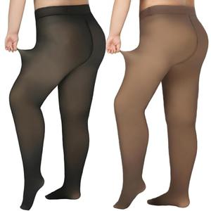 Delcast 2 Pairs Plus Size Fleece Lined Tights Women-Warm Fake Translucent Thermal Pantyhose Winter Sheer