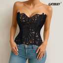 LEACOOLKEY Lacework Corset Top for Women Sexy Textured Sheer Floral Lace Bustier Going Out Lace-up Corset Overbust Top (Black, S)