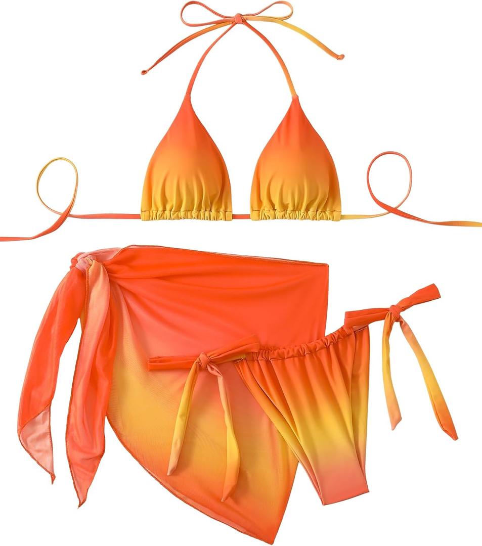 SEGT Women's 3 Piece Swimsuit Triangle Halter Side Tie Thong Bikini Set with Cover Up Skirt (Medium, Orange Multi)