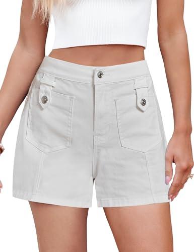 luvamia Jean Shorts for Women High Waisted Wide Leg Elastic Waist Stretchy Denim Jorts Summer Causal White Shorts for Woman Cream White Size XX-Large Fits US 20-22