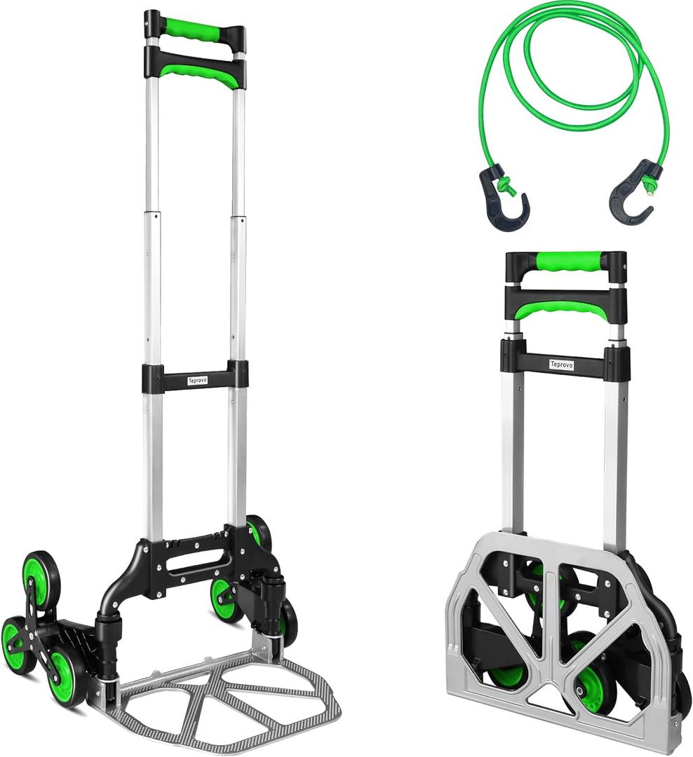 Stair Climbing cart Dolly Extended Handle by Teprovo,Aluminum Foldable Hand Truck Moving, Flat Floor Load capacity176 lb, Stair Climbing Dolly Load110 lb, Portable Trolley cart with Wheels (Green)