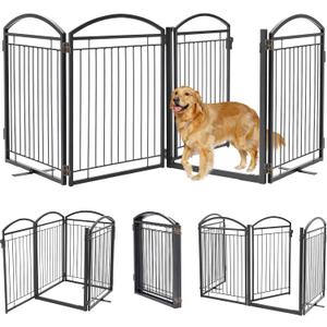 Full Metal Free Standing Dog Gate with Door for Indoor & Outdoor, 96'' Extra Wide 32'' Tall Dog Gate for The Doorways,Large Openings,Decks,Porch,Pet Freestanding Safety Fence (4 Panels,Black) (4 Panels with Door 32''H*96''W)