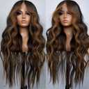 Synthetic Lace Front Wigs for Black Women Highlight Brown Mix Black Natural Wavy Glueless Wig Ready to Wear 13x4x1 HD Lace Pre Plucked Middle Part Wig 26 Inch